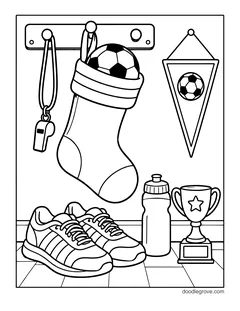 A stocking with a soccer ball inside on a peg rack, with a whistle, a pennant, sneakers, a water bottle and a trophy
