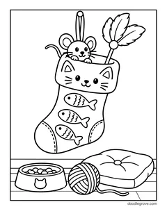 A stocking shaped like a cat face with fish on it, holding a toy mouse and a feather wand, with a food bowl, a ball of yarn and a cushion