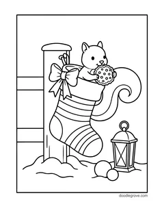 A squirrel holding a cookie and climbing into a striped stocking with a bow on a fence post, with a lantern and snow