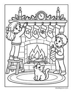 A girl on a step stool and a boy hanging stockings on a fireplace mantel with a clock and candles, with a kitten on the rug