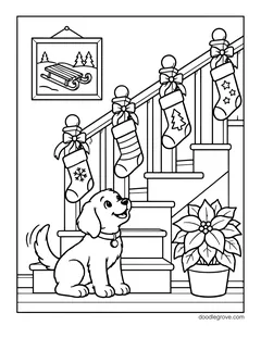 Stockings with bows hanging along a staircase banister, with a puppy sitting below, a poinsettia and a picture of a sled