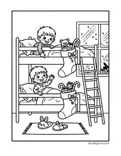 Two boys in bunk beds with stockings marked T and B hanging from the beds, with a ladder, bunny slippers and a snowy window
