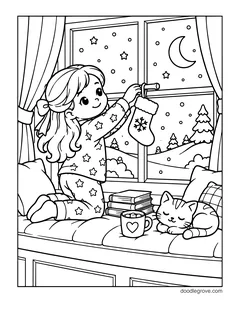 A girl in star pajamas hanging a stocking at a window seat, with a sleeping cat, books, a mug and a snowy night outside