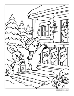 A bear cub in a knit hat hanging stockings on the porch rail of a log cabin, with a bunny holding a lantern, a wreath and pine trees