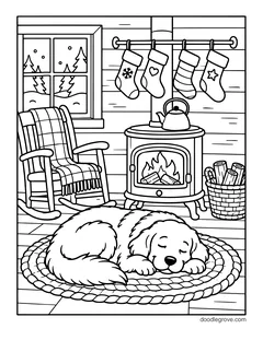A cabin room with four stockings above a wood stove with a kettle, a rocking chair with a plaid blanket, a dog sleeping on a braided rug and a basket of firewood
