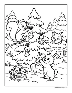 A squirrel, a fox and a bunny hanging little stockings on a snowy pine tree, with a basket of stockings