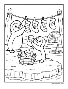 Two penguins pinning stockings to a clothesline on the ice, with a basket of stockings, an igloo and an ice fishing hole