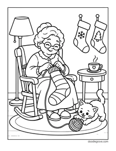 A grandmother in a rocking chair knitting a striped stocking, with a kitten playing with the yarn, two stockings on the wall, a lamp and a cup of tea