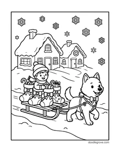 A husky pulling a sled full of stockings with a boy riding on it, with snowy houses and snowflakes