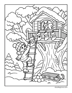 A child climbing a rope ladder to a snowy treehouse with stockings on the railing, with a squirrel in the window, a sled and snowballs