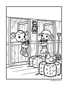 A calf and a lamb in barn stalls with stockings full of carrots and apples, with a lantern, hay bales, a hen and a pitchfork