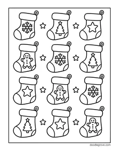 Twelve small stockings in rows, decorated with snowflakes, trees, stars and gingerbread men, with little stars