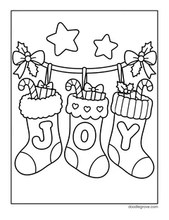Three stockings with the letters J, O and Y hanging from a garland with bows and holly, filled with candy canes and gifts, with stars