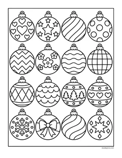 Sixteen round ornaments in a grid, each with a different pattern of hearts, stars, stripes, dots, zigzags, flowers, waves, checks, trees, snowflakes and bows