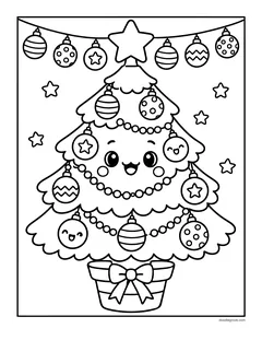 A smiling Christmas tree with smiling ornaments and bead garlands in a pot with a bow, under a string of ornaments and a star