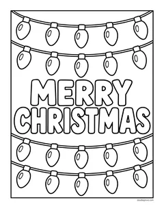 The words Merry Christmas in bubble letters between four strings of Christmas light bulbs