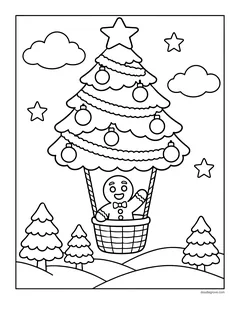 A hot air balloon shaped like a Christmas tree with a gingerbread man waving from the basket, flying over snowy hills and pine trees