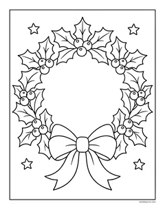 A round wreath of holly leaves and berries with a large bow at the bottom and stars around it