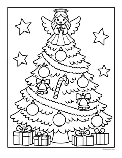 A Christmas tree with an angel on top, garlands, ornaments, bells and a candy cane, with presents underneath and stars
