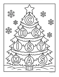 A Christmas tree whose round ornaments spell the letters C H R I S T M A S, with a star on top and snowflakes