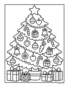 A Christmas tree covered in ornaments, hearts, bells, candy canes, little presents and snowflakes, with presents and a pot at the bottom