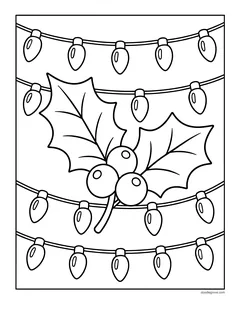 A large sprig of holly with berries between strings of Christmas light bulbs
