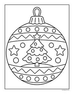 A large round ornament with a Christmas tree in the middle, stars, dots and zigzag bands