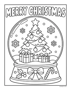 A snow globe with a decorated Christmas tree and presents inside, holly, a bow and candy canes on the base, under the words Merry Christmas