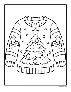 A knitted sweater with a Christmas tree on the front and holly on the sleeves