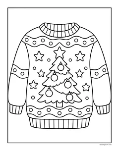A Christmas sweater with a decorated tree in the middle, stars all over and patterned bands on the chest and cuffs