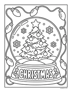 A snow globe with a Christmas tree inside, the word Christmas on the base and a string of lights around it