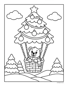 A teddy bear in a basket under a hot air balloon shaped like a Christmas tree, with clouds, small pine trees and snowy hills