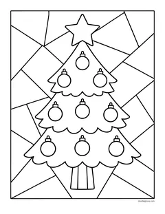 A Christmas tree with round ornaments and a star, with a background split into straight-edged shapes