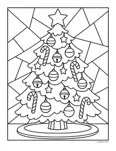 A tall Christmas tree with candy canes, bells and stars on a tree skirt, in front of a background of straight-edged shapes