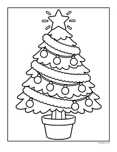 A Christmas tree in a pot wrapped in tinsel garland, with round ornaments and a shining star