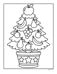 A Christmas tree hung with bananas, pears, grapes and oranges, with an apple on top, in a pot with stars