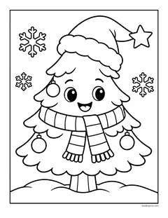 A smiling Christmas tree wearing a Santa hat and a striped scarf, standing in the snow with snowflakes and a star