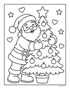 Santa Claus smiling and hugging a decorated Christmas tree in a pot, with hearts and stars