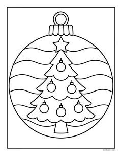A Christmas tree with ornaments drawn inside a big round ornament with wavy stripes