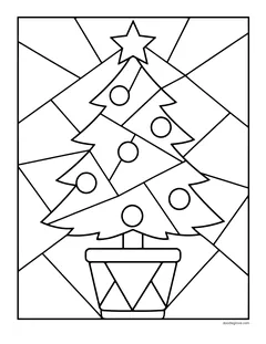 A simple Christmas tree with big round ornaments in a pot, over a background of large straight-edged shapes