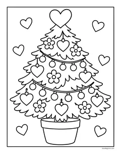 A Christmas tree in a pot decorated with hearts, flowers and garlands, with a heart on top and hearts around it