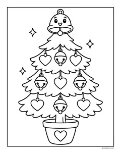 A Christmas tree hung with hearts and jingle bells, with a smiling bell on top, in a pot with a heart