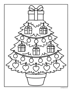 A Christmas tree decorated with little presents, hearts and garlands, with a big present on top, in a pot