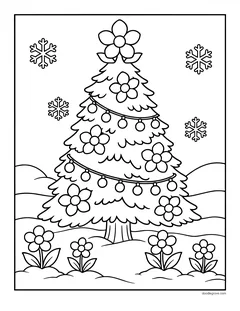 A Christmas tree decorated with flowers and garlands, a flower on top, flowers in the snow and snowflakes