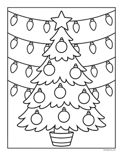 A Christmas tree with round ornaments and a star, with three strings of Christmas lights across the page