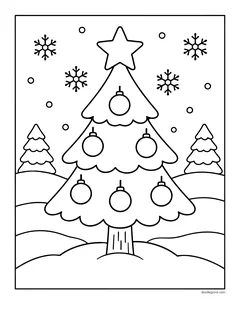 A simple Christmas tree with round ornaments and a star, standing in the snow with small pine trees and snowflakes