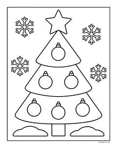 A simple triangle Christmas tree with round ornaments, a star and snowflakes
