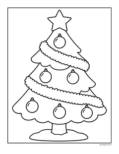 A Christmas tree with a fluffy garland wrapped around it, a few big ornaments and a star, standing in the snow