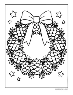 A wreath of pine cones and pine needles with a big bow at the top, with stars