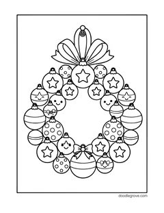A wreath made of round ornaments with stars, dots and smiling faces, hanging from a big bow